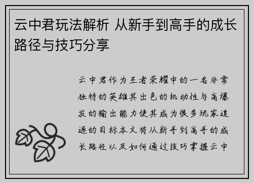 云中君玩法解析 从新手到高手的成长路径与技巧分享